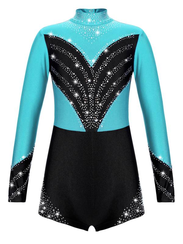 Kids Girls Long Sleeve Mock Neck Rhinestones Gymnastic Unitard with Headwear thumb