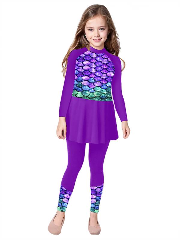 Kids Girls 2pcs Long Sleeve Swim Dress and Swim Pants Swimsuit Set thumb