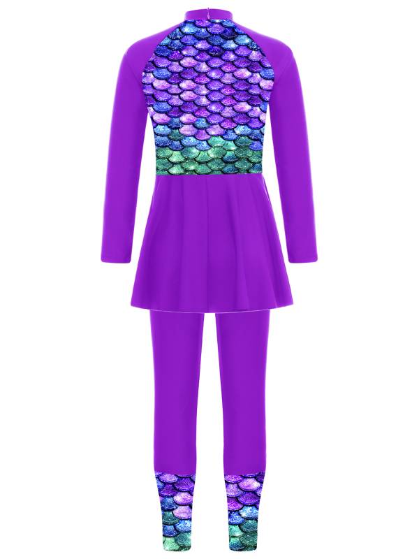 Kids Girls 2pcs Long Sleeve Swim Dress and Swim Pants Swimsuit Set thumb