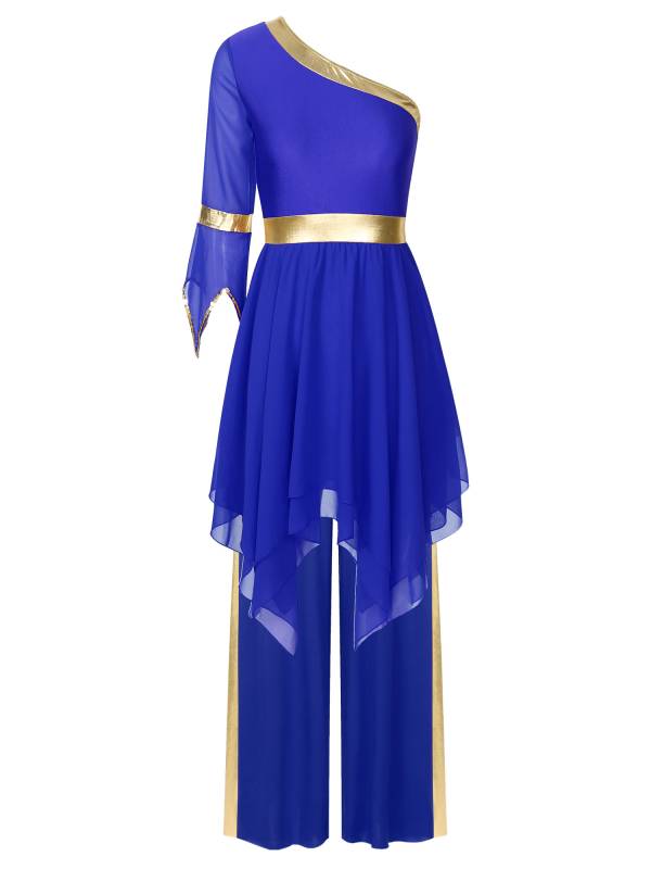 Women One Shoulder Flared Sleeve Dress and Pants Liturgical Praise Dance Set thumb