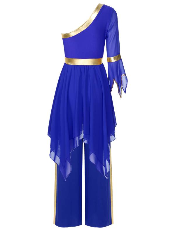 Women One Shoulder Flared Sleeve Dress and Pants Liturgical Praise Dance Set thumb