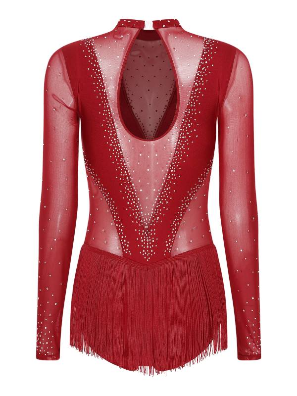 Women Long Sleeve Glittery Rhinestones Tassel Latin Skating Leotard thumb