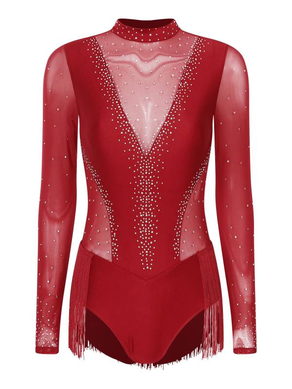 Women Long Sleeve Glittery Rhinestones Tassel Latin Skating Leotard thumb