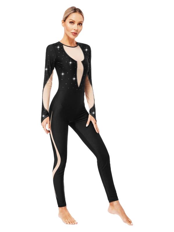 Women Long Sleeve Keyhole Back Rhinestones Decor Figure Skating Unitard thumb