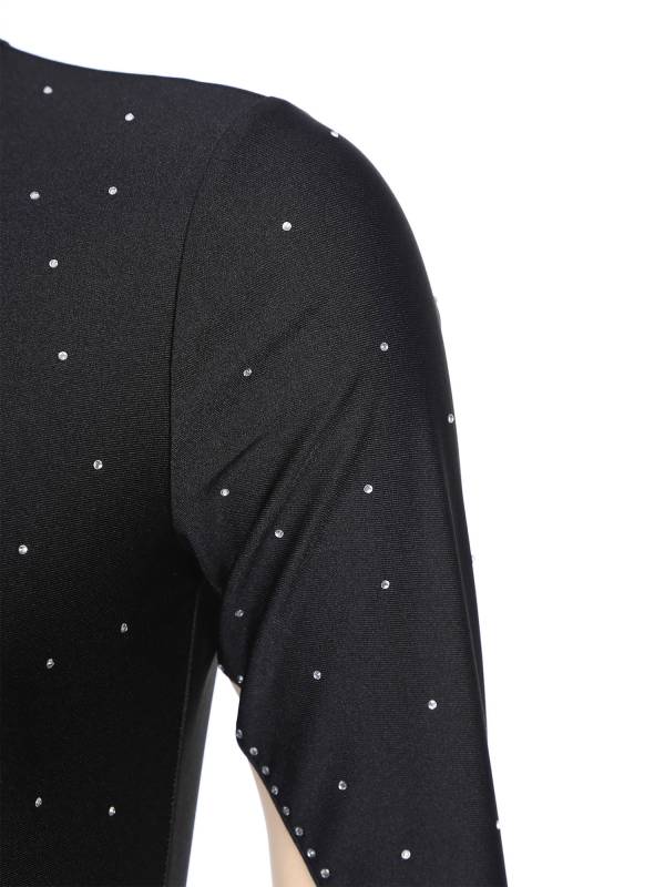 Women Long Sleeve Keyhole Back Rhinestones Decor Figure Skating Unitard thumb