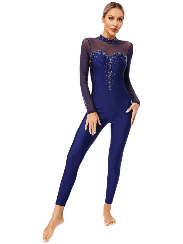 Women Long Sleeve Sparkle Rhinesontes Keyhole Back Figure Skating Unitard thumb