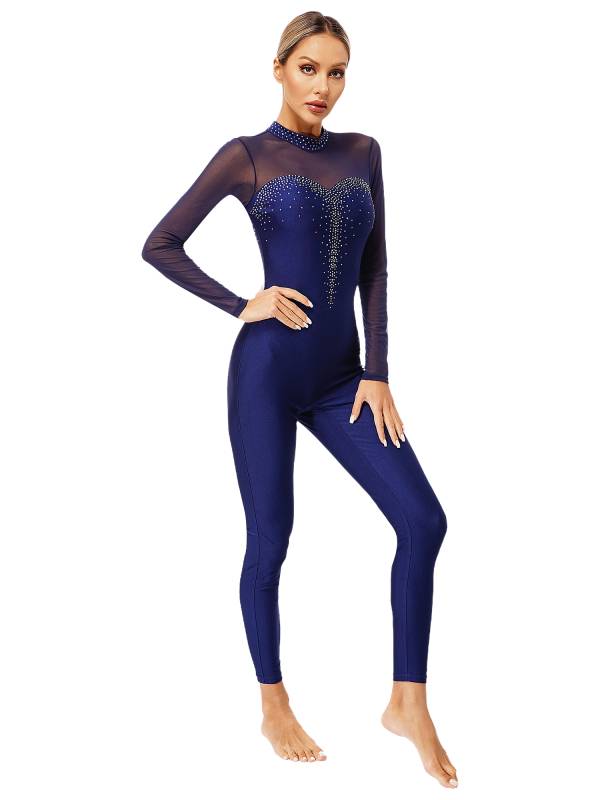 Women Long Sleeve Sparkle Rhinesontes Keyhole Back Figure Skating Unitard thumb