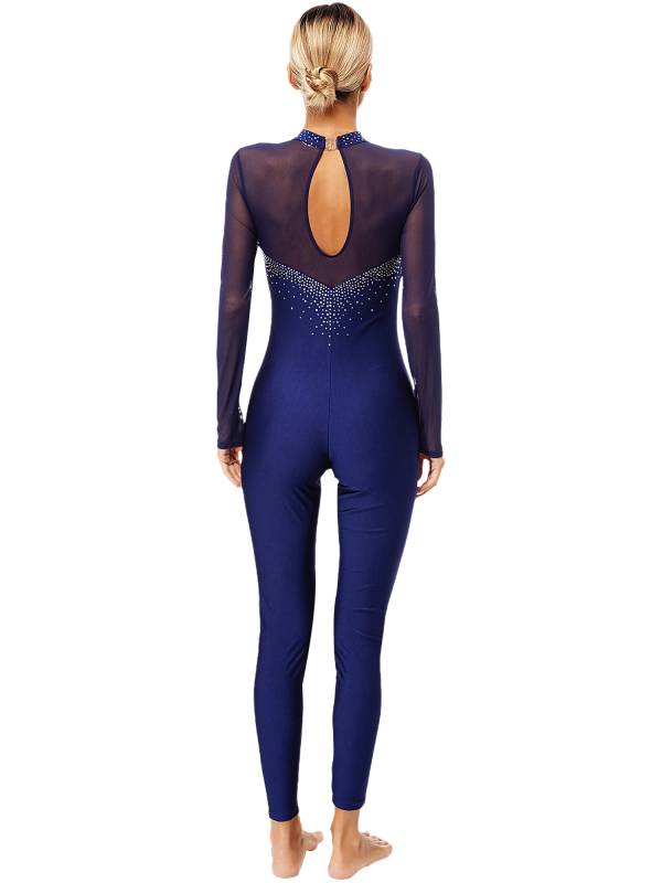 Women Long Sleeve Sparkle Rhinesontes Keyhole Back Figure Skating Unitard thumb