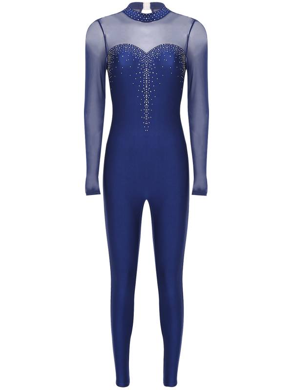 Women Long Sleeve Sparkle Rhinesontes Keyhole Back Figure Skating Unitard thumb