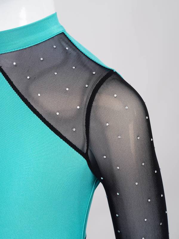 Kids Girls One Shoulder Long Sleeve Rhinestones Figure Skating Unitard thumb