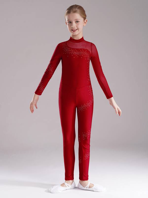 Kids Girls Sparkly Rhinestones Long Sleeve Figure Skating Unitard thumb