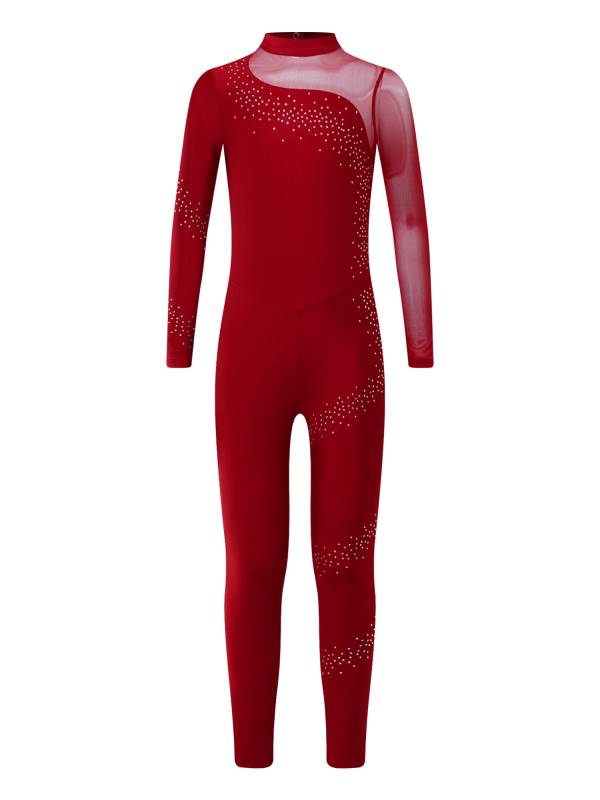 Kids Girls Sparkly Rhinestones Long Sleeve Figure Skating Unitard thumb