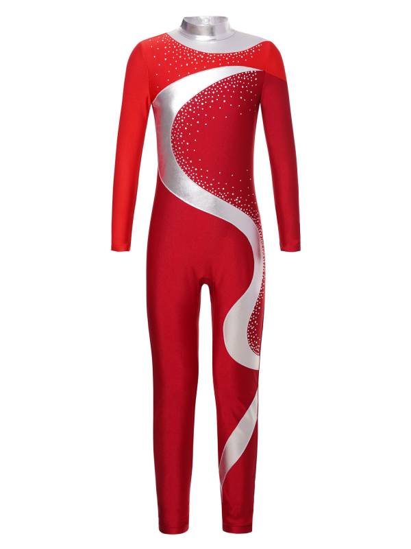 Kids Girls Metallic Rhinestones Long Sleeve Keyhole Back Figure Skating Unitard thumb