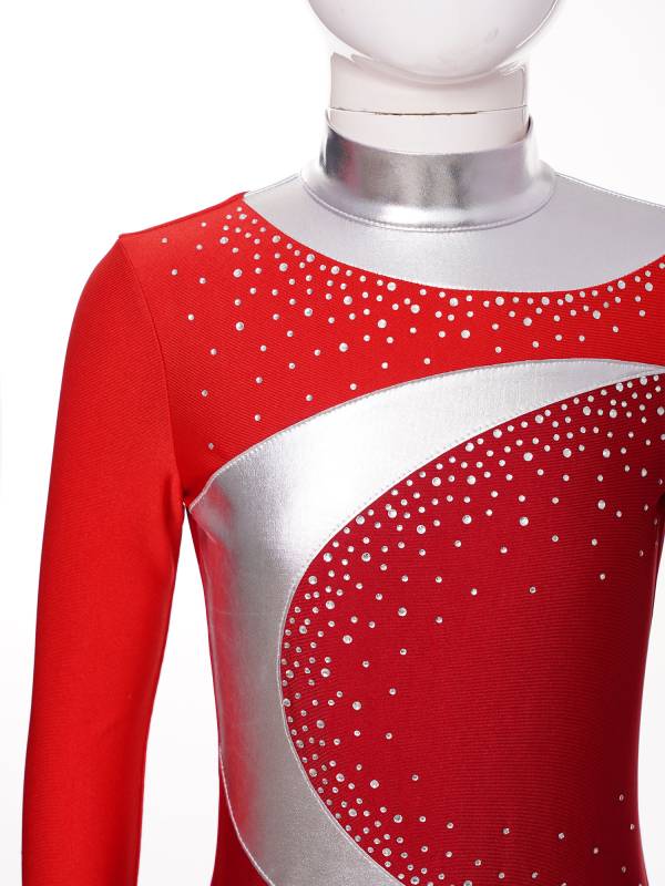 Kids Girls Metallic Rhinestones Long Sleeve Keyhole Back Figure Skating Unitard thumb