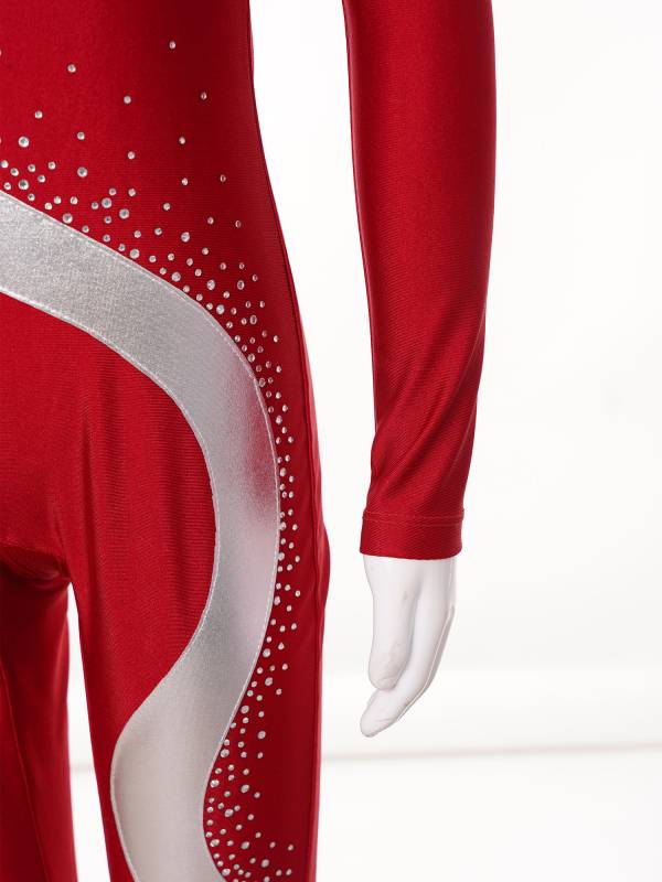 Kids Girls Metallic Rhinestones Long Sleeve Keyhole Back Figure Skating Unitard thumb