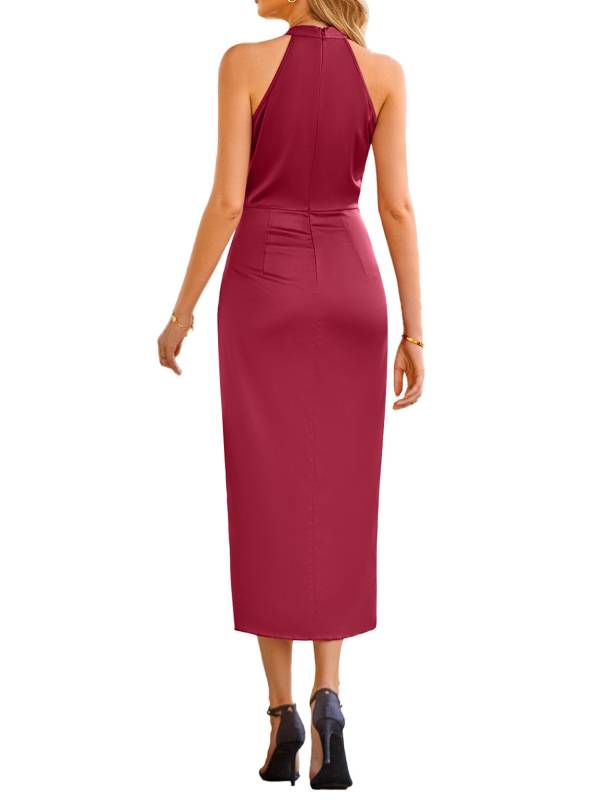 Women Sleeveless Ruched Wrap Hem Split Midi Cocktail Dress thumb