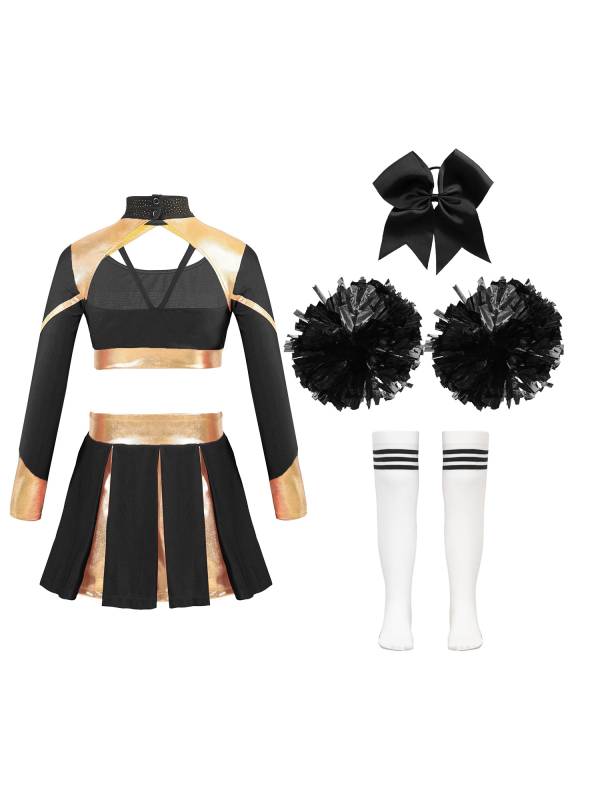 Kids Girls 7pcs Long Sleeve Metallic Crop Top and Pleated Skirt Cheerleading Set thumb