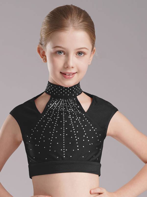 Kids Girls Sleeveless Rhinestones Crop Top and Chiffon Skirt Skating Set thumb