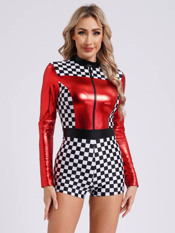 Women Long Sleeve Checkerboard Print Racer Driver Romper thumb