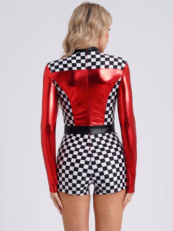 Women Long Sleeve Checkerboard Print Racer Driver Romper thumb