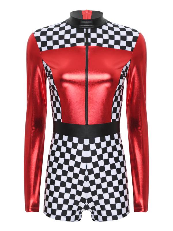 Women Long Sleeve Checkerboard Print Racer Driver Romper thumb