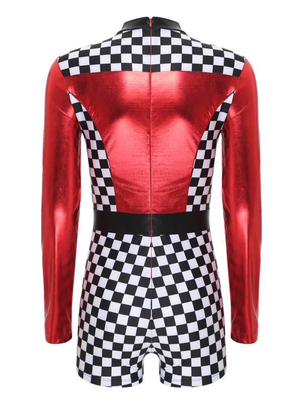 Women Long Sleeve Checkerboard Print Racer Driver Romper thumb