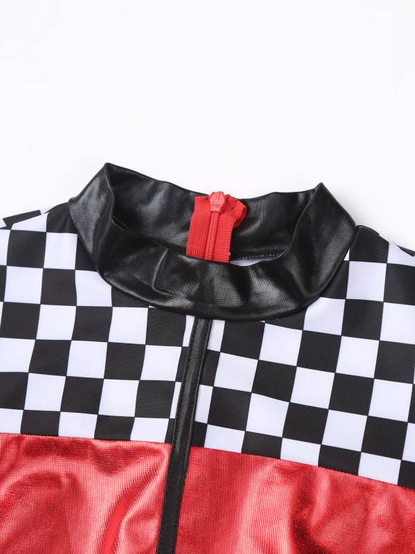 Women Long Sleeve Checkerboard Print Racer Driver Romper thumb