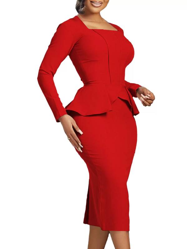 Women Square Neck Long Sleeve Ruffled Office Party Dress thumb