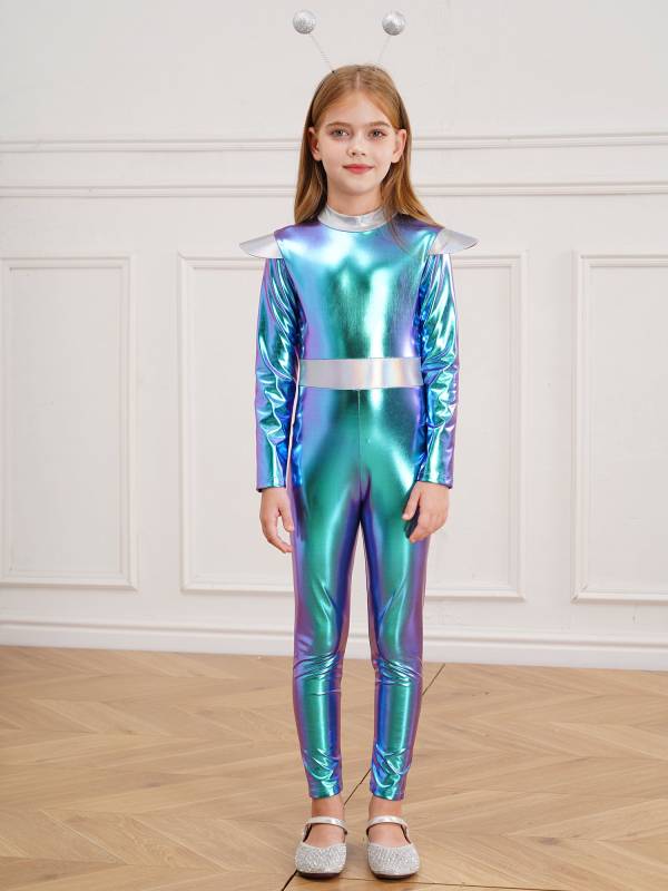 Kids Alien Cosplay Costume Long Sleeve Slim Fit Jumpsuit with Headwear thumb