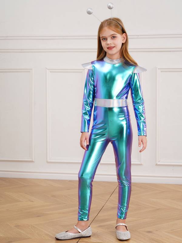 Kids Alien Cosplay Costume Long Sleeve Slim Fit Jumpsuit with Headwear thumb