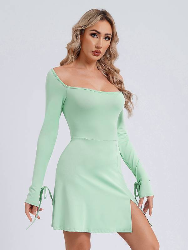 Women Bodycon Mini Dress Long Sleeve Side Slit Cocktail Dress thumb