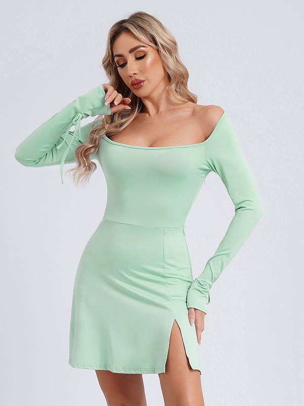 Women Bodycon Mini Dress Long Sleeve Side Slit Cocktail Dress thumb