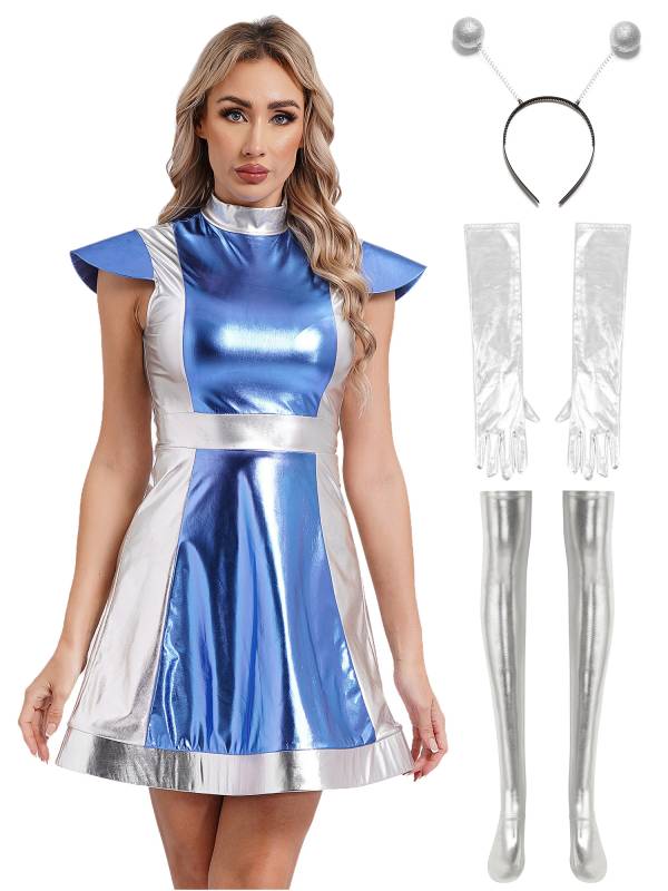 Women 6pcs Metallic A-line Dress with Long Gloves and Stockings Alien Costume thumb