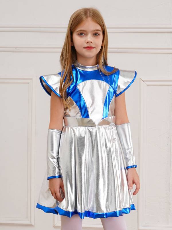 Kids Girls Cap Sleeve Metallic Halloween Alien Costume Dress with Arm Sleeves thumb