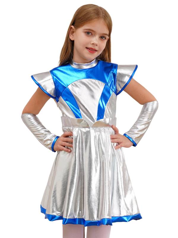 Kids Girls Cap Sleeve Metallic Halloween Alien Costume Dress with Arm Sleeves thumb