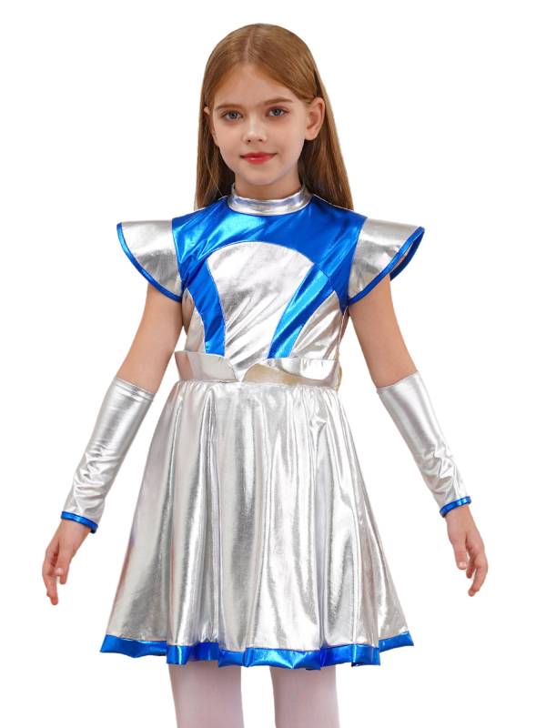 Kids Girls Cap Sleeve Metallic Halloween Alien Costume Dress with Arm Sleeves thumb