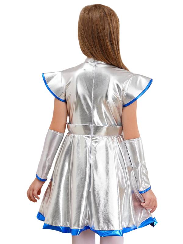 Kids Girls Cap Sleeve Metallic Halloween Alien Costume Dress with Arm Sleeves thumb