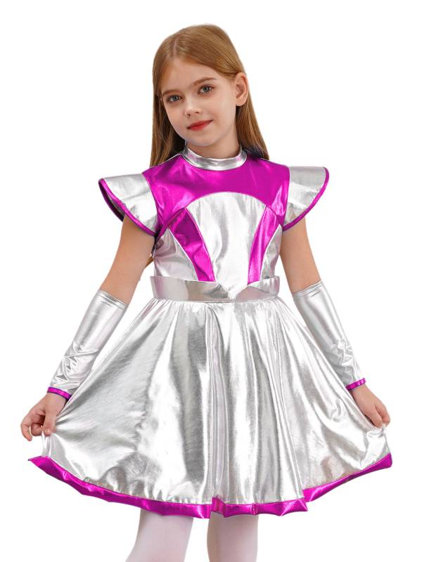 Kids Girls Cap Sleeve Metallic Halloween Alien Costume Dress with Arm Sleeves thumb