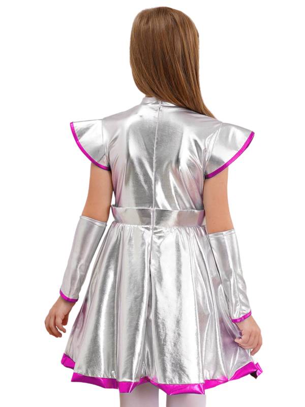 Kids Girls Cap Sleeve Metallic Halloween Alien Costume Dress with Arm Sleeves thumb