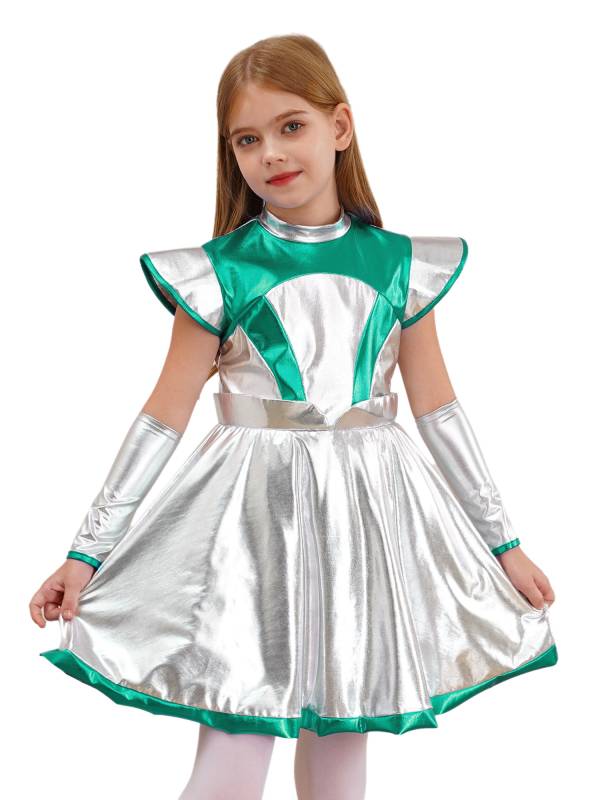 Kids Girls Cap Sleeve Metallic Halloween Alien Costume Dress with Arm Sleeves thumb