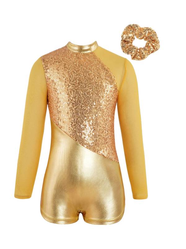 Kids Girls Long Sleeve Sequins Metallic Gymnastic Leotard with Headwear thumb