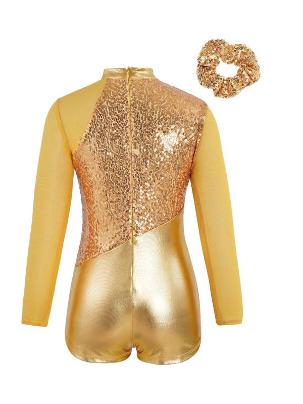 Kids Girls Long Sleeve Sequins Metallic Gymnastic Leotard with Headwear thumb