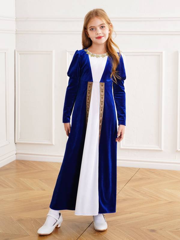 Kids Girls Medieval Renaissance Velvet Long Sleeve Flowers Retro Princess Dress thumb