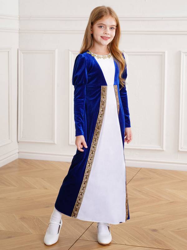 Kids Girls Medieval Renaissance Velvet Long Sleeve Flowers Retro Princess Dress thumb