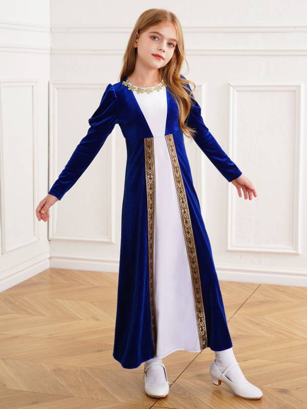 Kids Girls Medieval Renaissance Velvet Long Sleeve Flowers Retro Princess Dress thumb