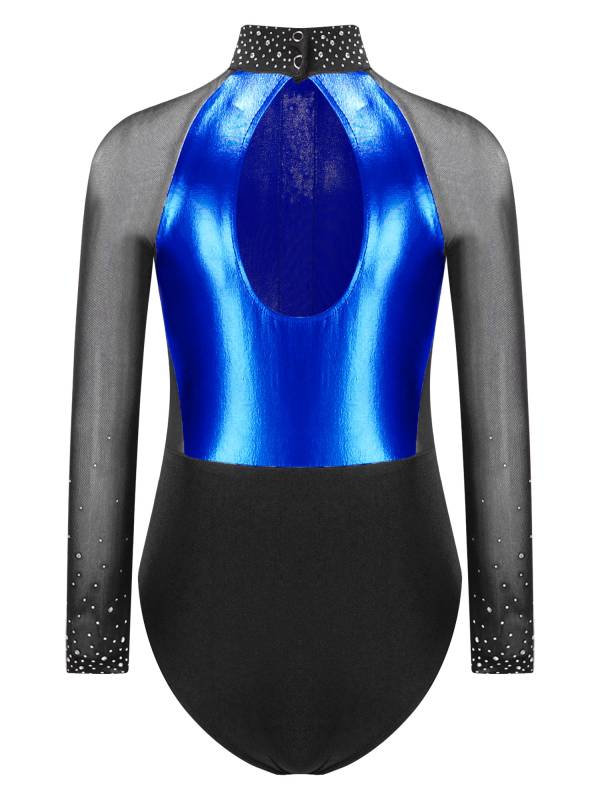 Kids Girls Shiny Rhinestones Color Block Mesh Long Sleeve Gymnastic Leotard thumb