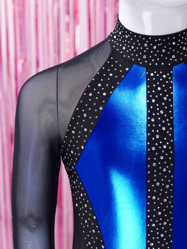 Kids Girls Shiny Rhinestones Color Block Mesh Long Sleeve Gymnastic Leotard thumb