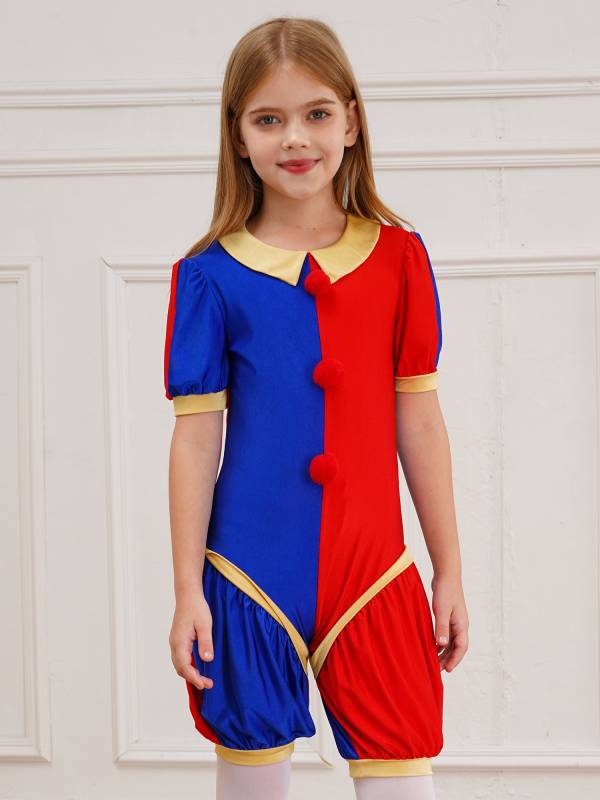 Girls Short Sleeve Pom Poms Colorblock Halloween Clown Costume Jumpsuit thumb