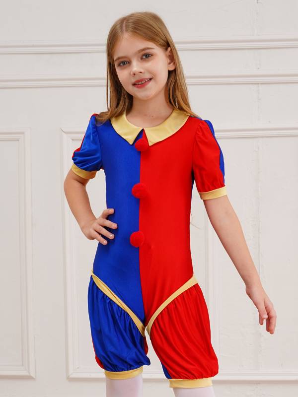 Girls Short Sleeve Pom Poms Colorblock Halloween Clown Costume Jumpsuit thumb