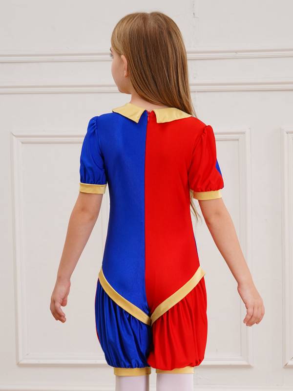 Girls Short Sleeve Pom Poms Colorblock Halloween Clown Costume Jumpsuit thumb